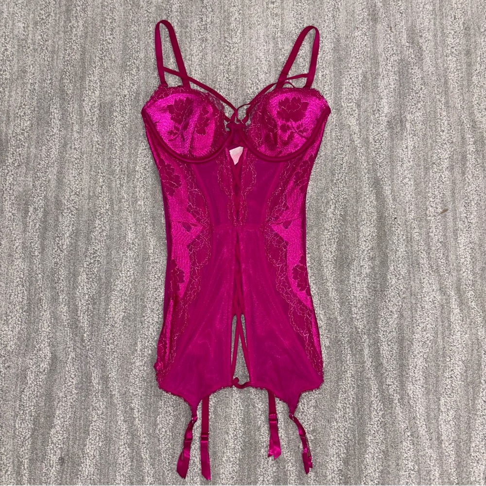 Victoria’s Secret Pink Lace Mesh Corset Top W Garter Clips Underwire Women’s 34C